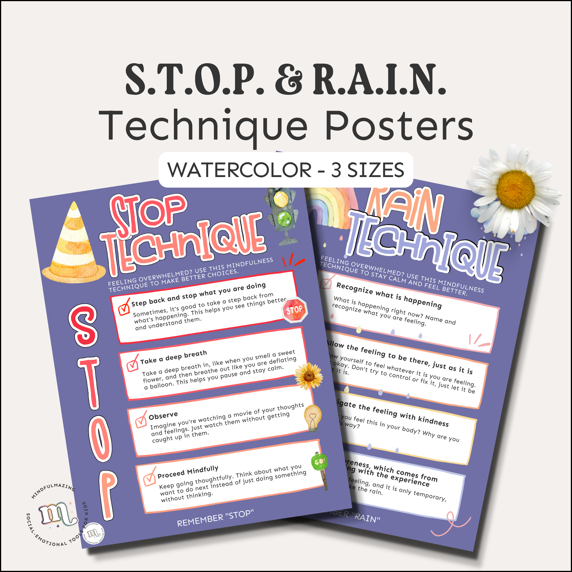 STOP & RAIN Technique Poster (Purple Watercolor)