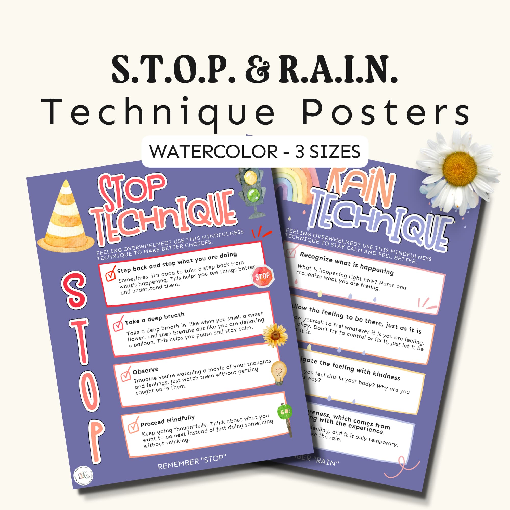 STOP & RAIN Technique Poster (Purple Watercolor)